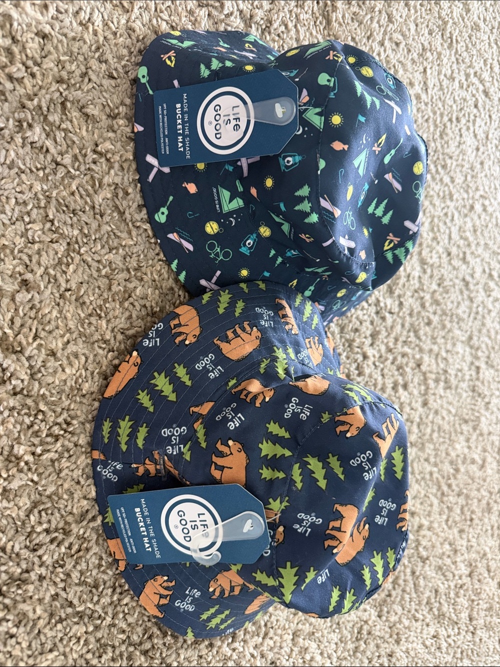 Life Is Good Navy Bucket Hats with Orange Bear & Green Tree Prints - Kids